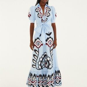 Farm Rio Blue Artisanal Embroidered Lace Front Bow Maxi Dress NWOT